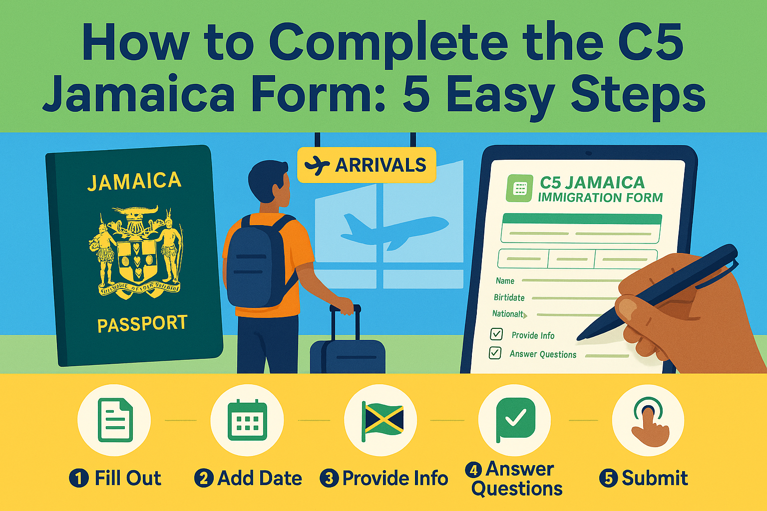 Guide image explaining how to complete the C5 Jamaica form in 5 simple steps for travelers arriving in Jamaica.