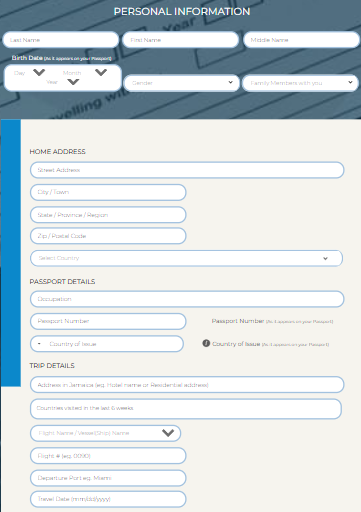 Traveler entering personal information on the C5 Jamaica form digital page.