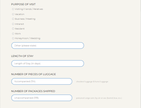 Section of the C5 Jamaica form showing travel details and purpose of visit being filled out.