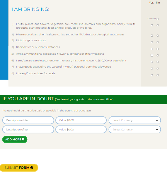 Traveler completing the declarations section of the C5 Jamaica form for goods or items.