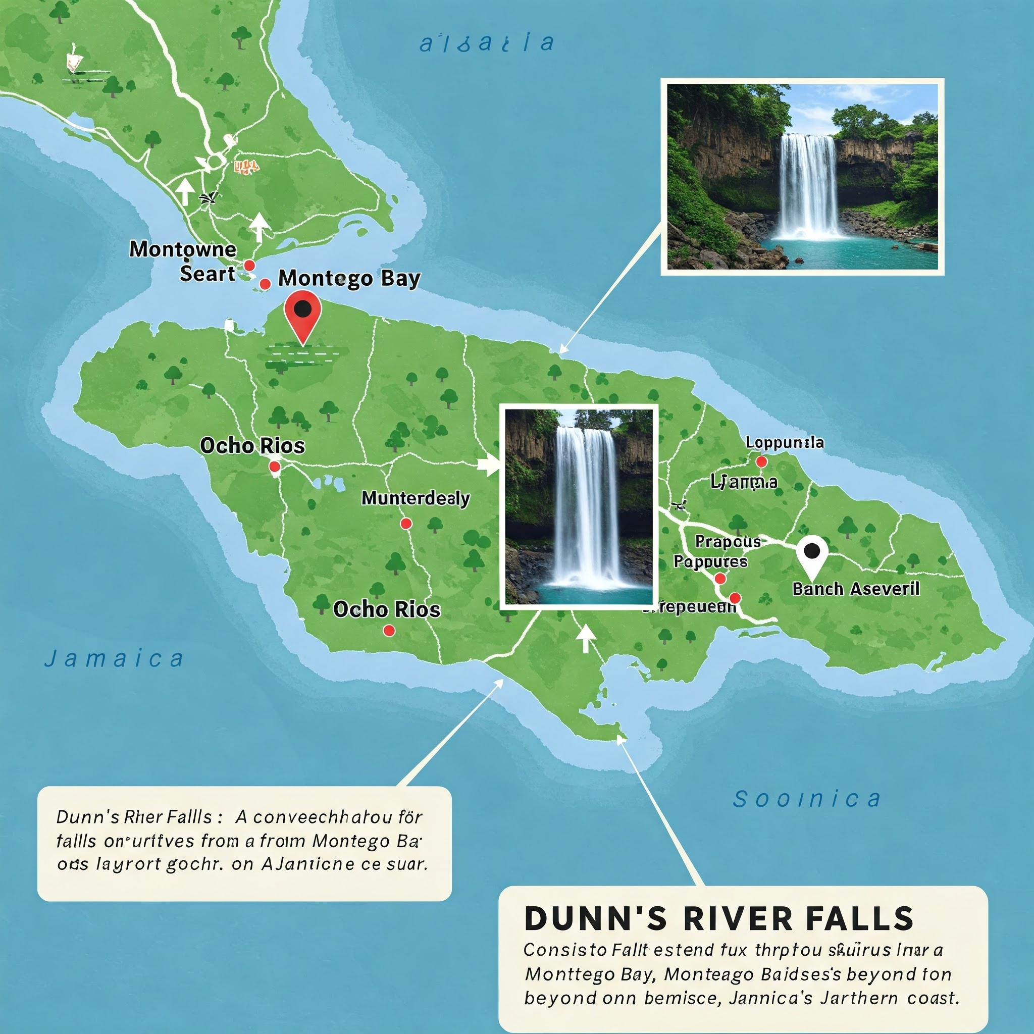  map showing the location of Dunn's River Falls in Jamaica
