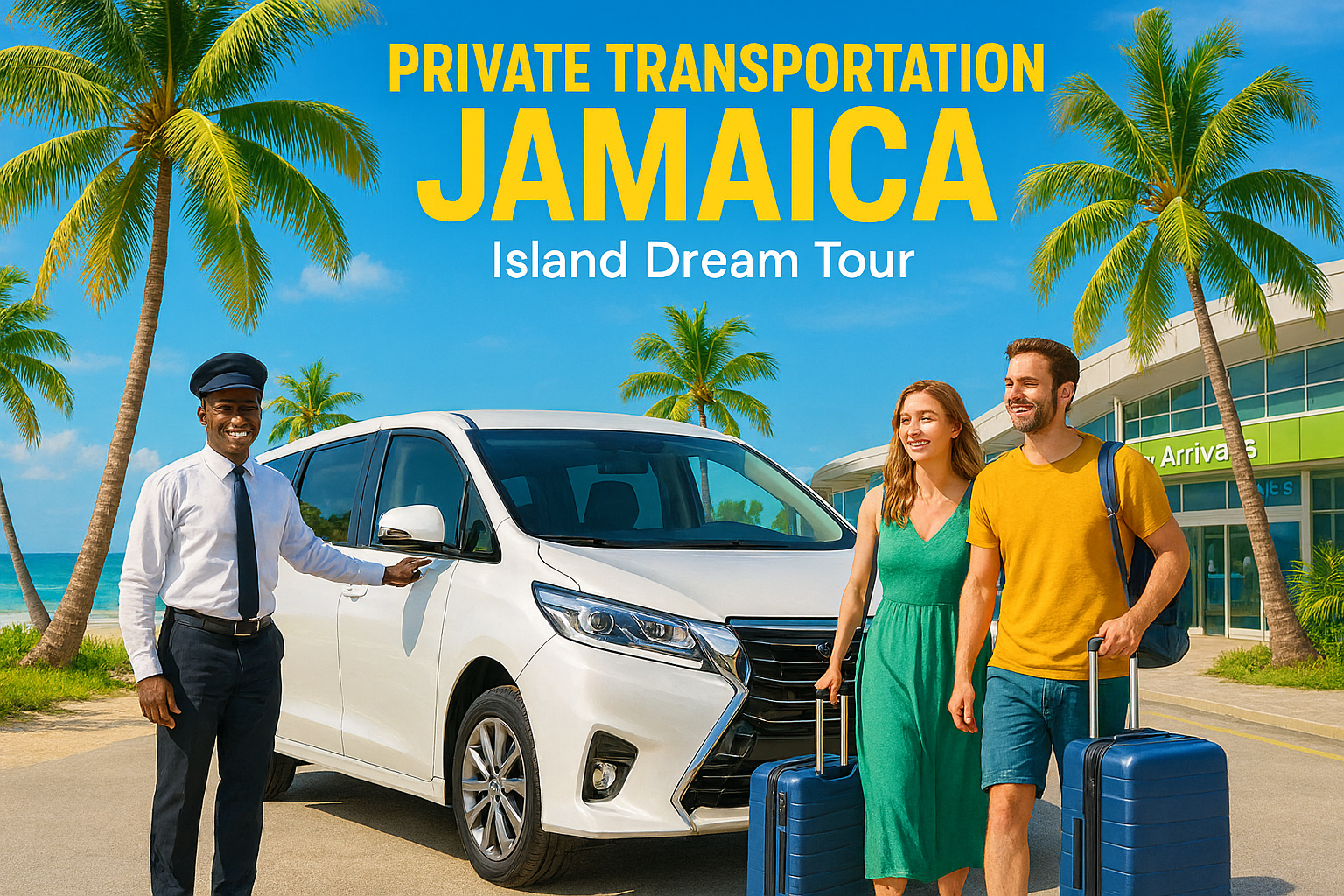 Luxury private vehicle with driver and travelers in tropical Jamaica, representing Island Dream Tour private transportation services.