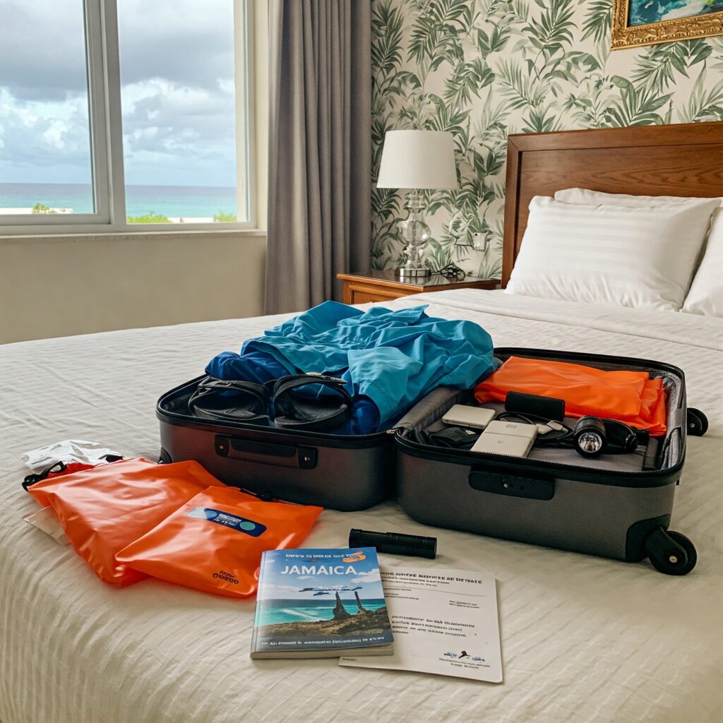 Packed suitcase with rain gear for Jamaica hurricane season