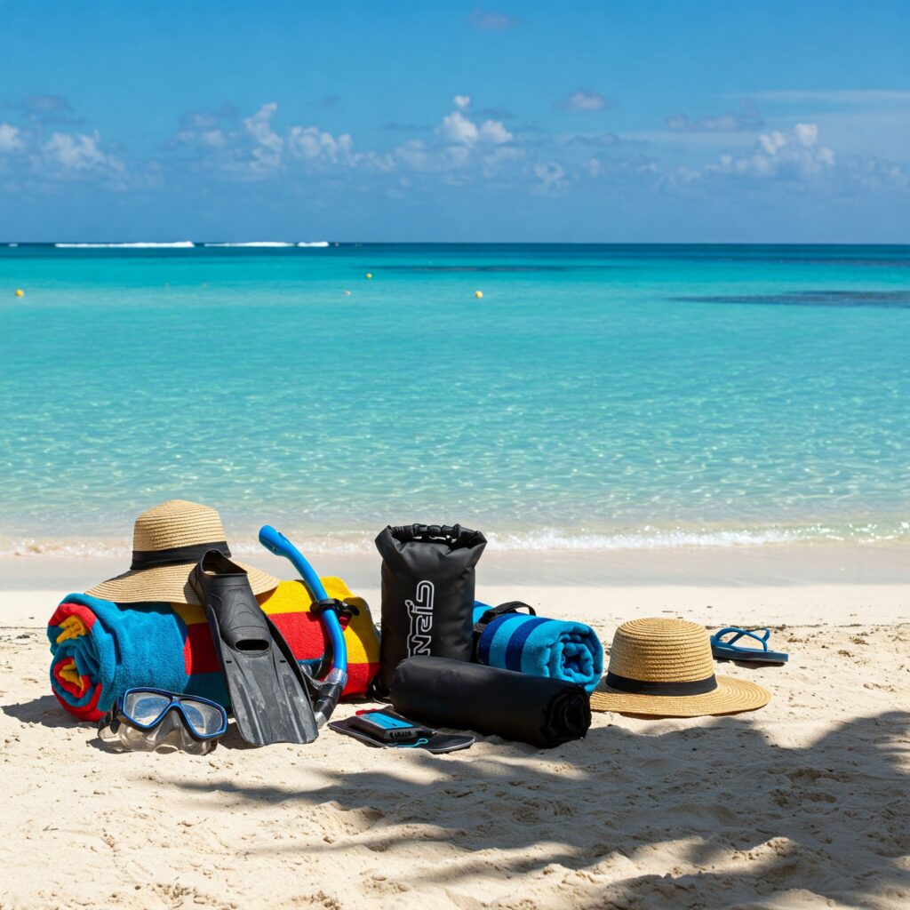 Packing list for Jamaica with beach essentials on tropical sand.