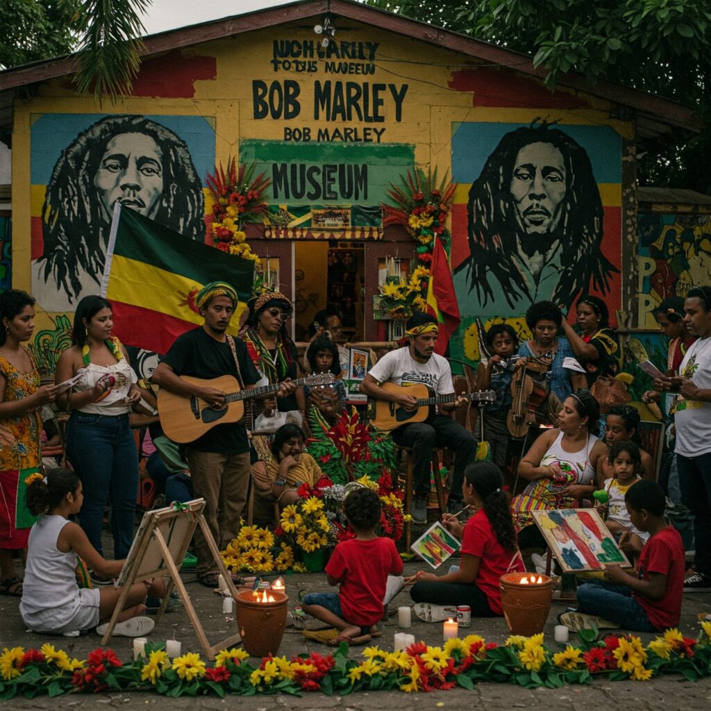 Celebration in Kingston with murals, music, and cultural tributes at a Jamaica festival.