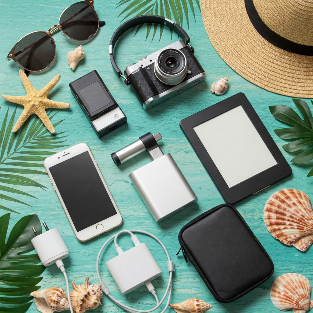Packing list for Jamaica with travel gadgets and beach essentials on a tropical surface.