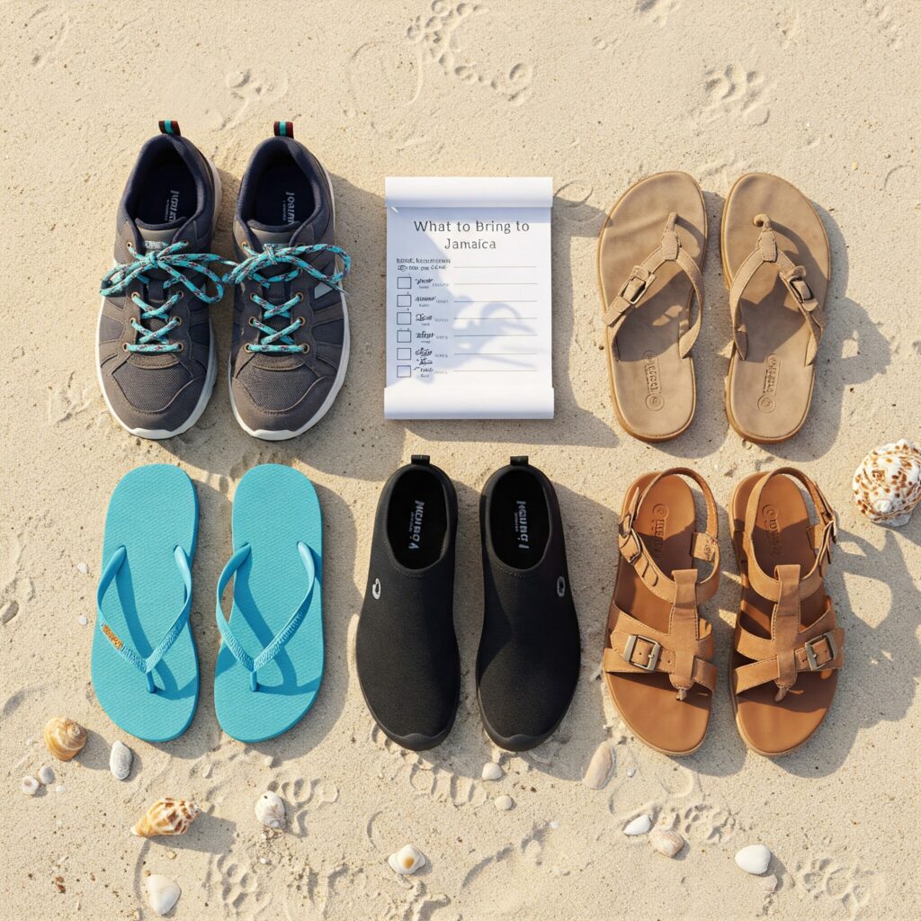 Packing list for Jamaica with shoes on the beach and checklist.