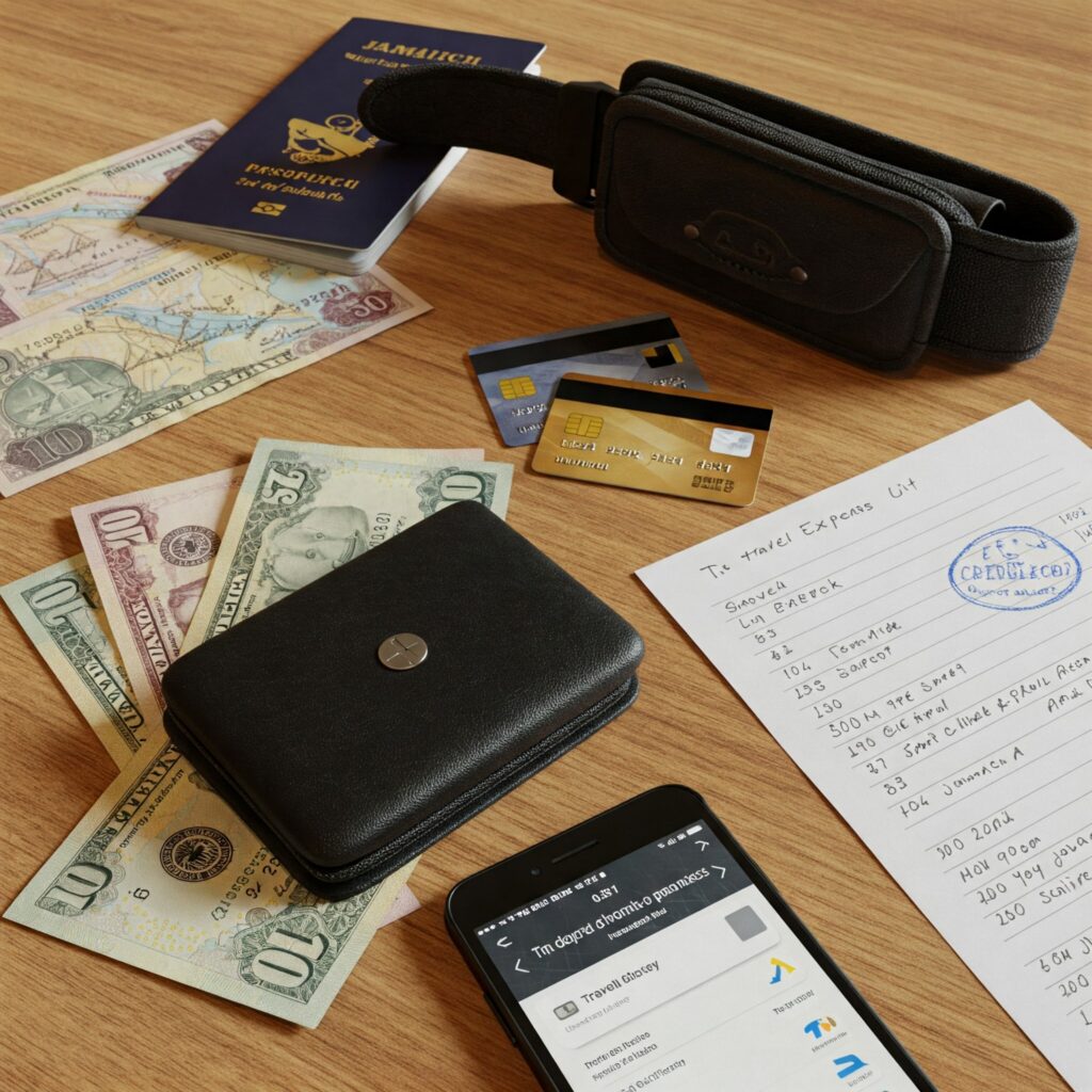 Packing list for Jamaica with travel money, passport, and wallet.