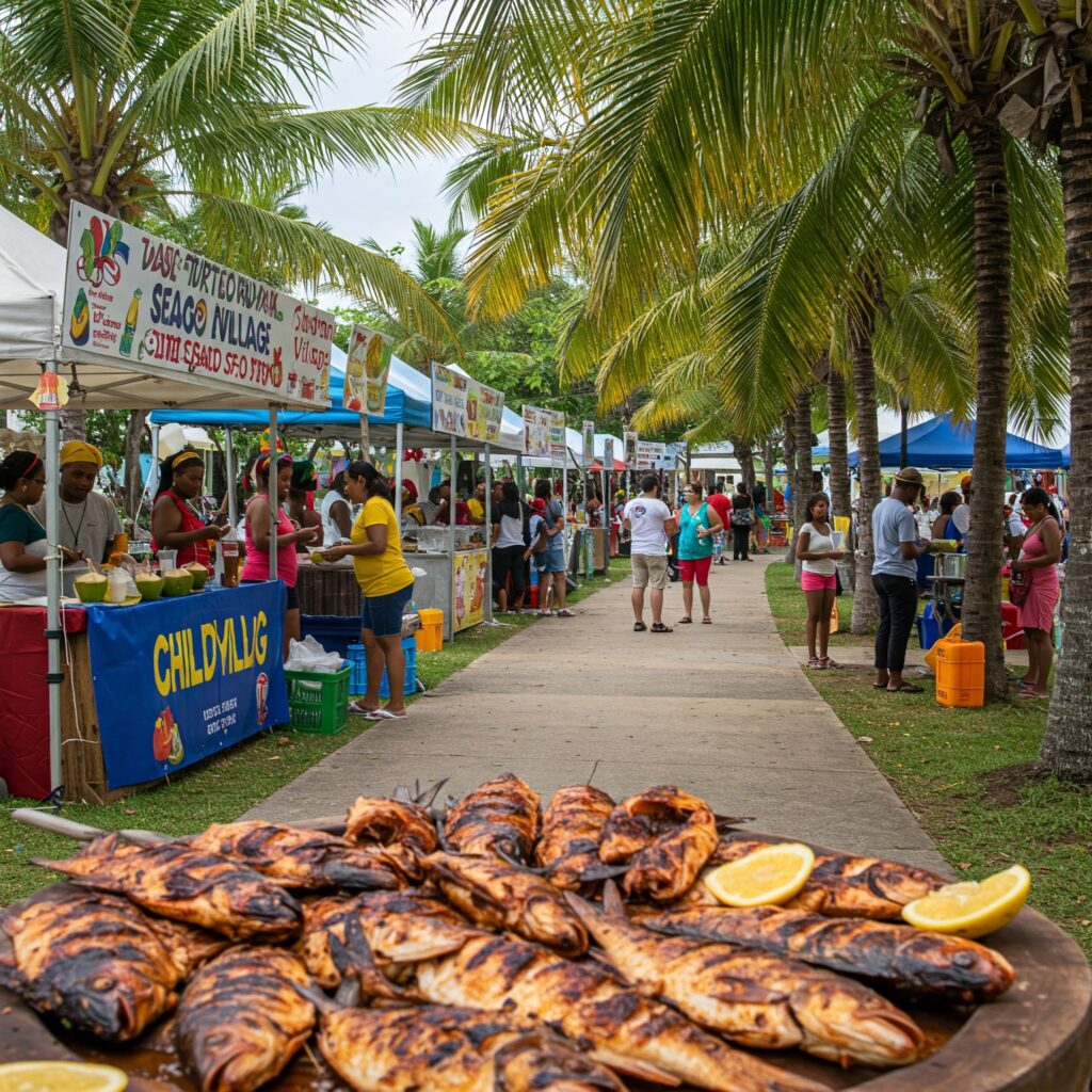 Families enjoying a seafood festival in Ocho Rios with food booths and live music at Turtle River Park.
