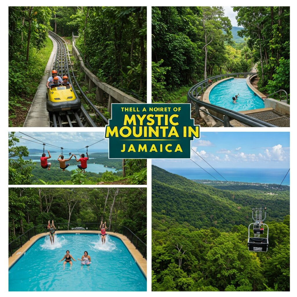 Family enjoying Mystic Mountain Jamaica: bobsledding, ziplining, sky lift, and infinity pool fun.