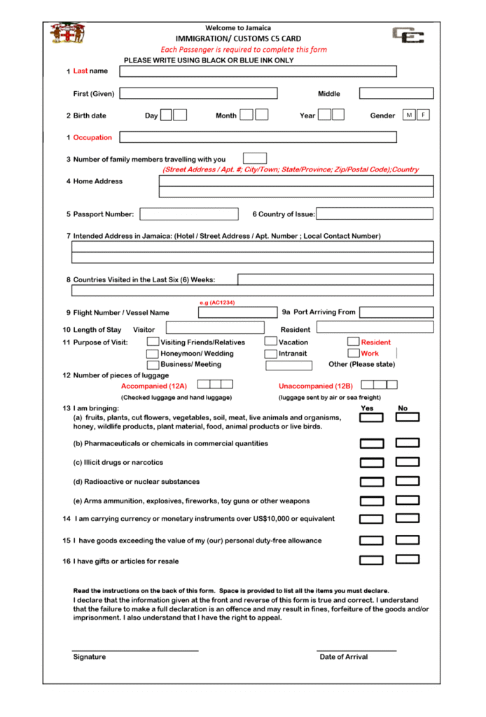 Fill out your Jamaica immigration C5 form online before arrival.