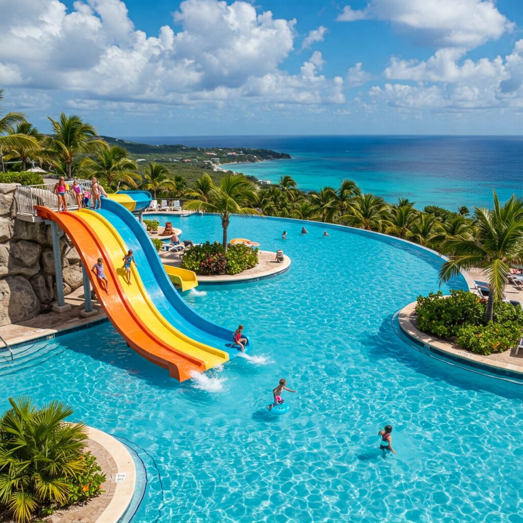 Infinity pool at Mystic Mountain Jamaica with kids on a colorful waterslide.