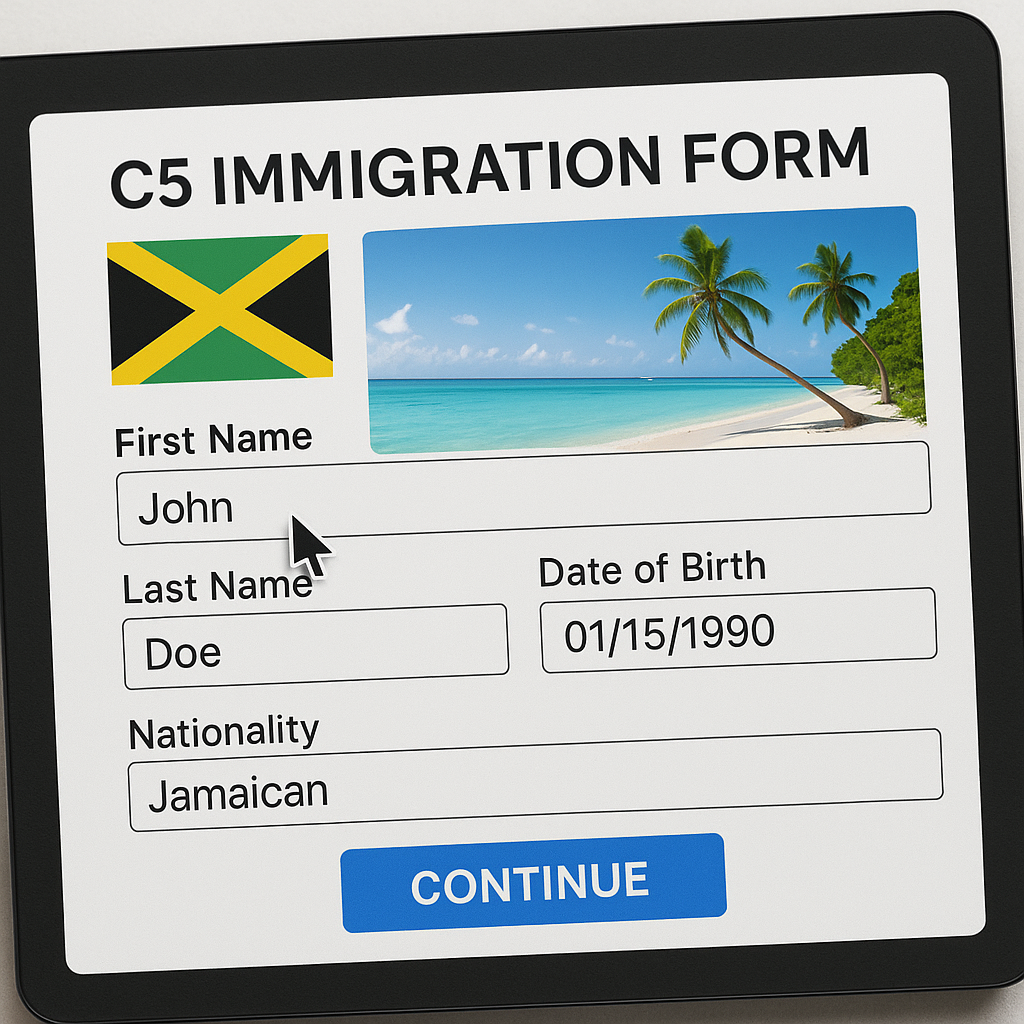 Filling out the C5 immigration form online as part of Jamaica visa requirements to enter Jamaica.