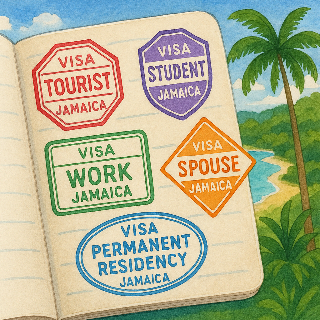 Various types of Jamaican visas stamped on a passport, illustrating Jamaica visa requirements for entry.