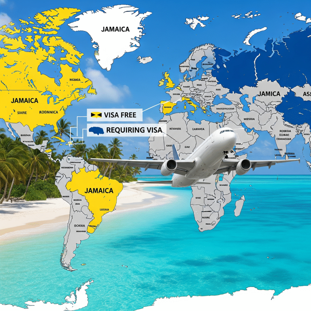 Map illustrating Jamaica visa requirements and which countries need a visa to enter Jamaica.