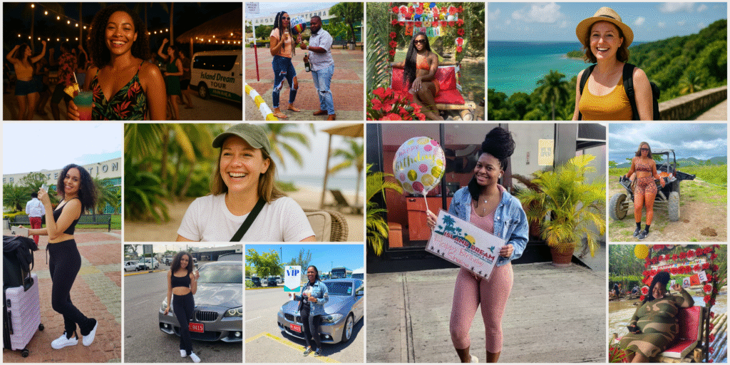 Collage of colorful, enhanced photos of happy travelers enjoying excursions and beach moments with Island Dream Tour.