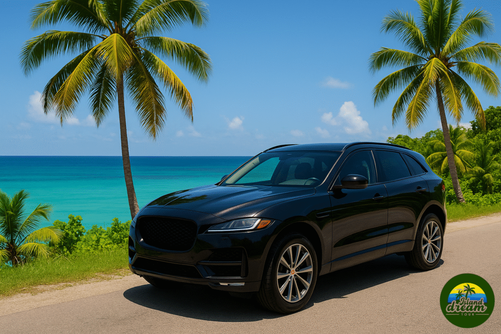 Luxury SUV with Island Dream Tour logo parked in scenic Jamaican landscape, offering safe, elegant transport for solo female travelers.