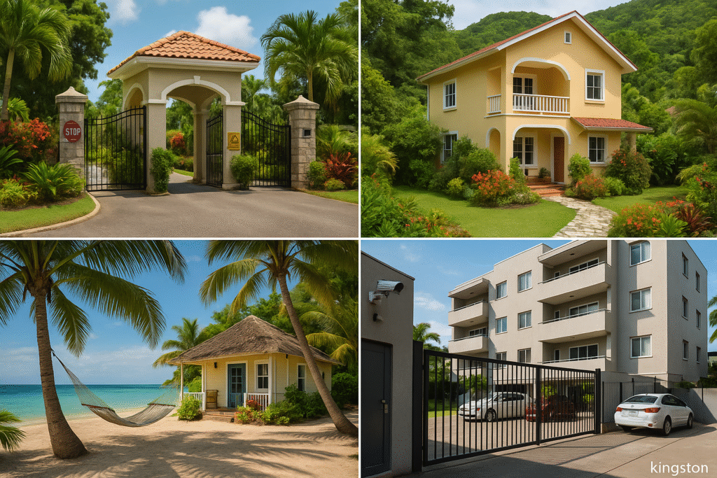 Collage showing safe Airbnb locations in Jamaica, including gated homes in Montego Bay, beachfront villas in Negril, scenic rentals near Ocho Rios attractions, and secure urban apartments in Kingston. A visual guide answering “Is Airbnb Safe in Jamaica for Tourists?” with real-world property views.