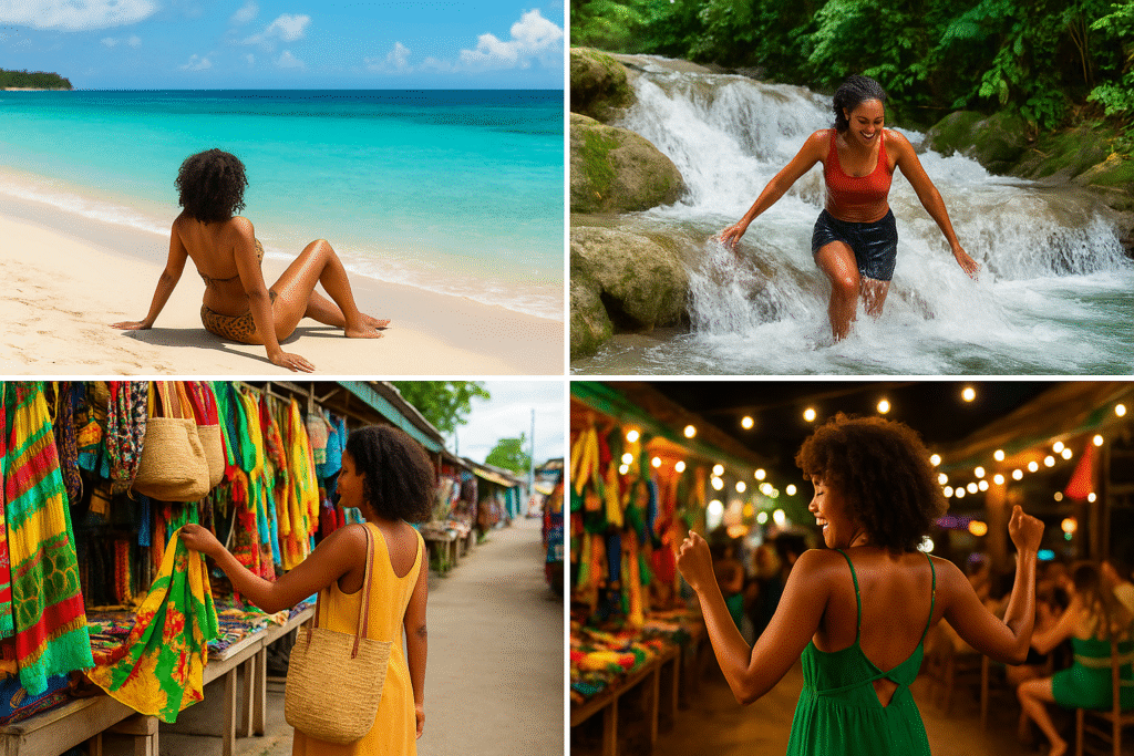 Collage of activities for solo female travelers in Jamaica, including beach relaxation, waterfall adventures, local market visits, and safe nightlife fun with Island Dream Tour.