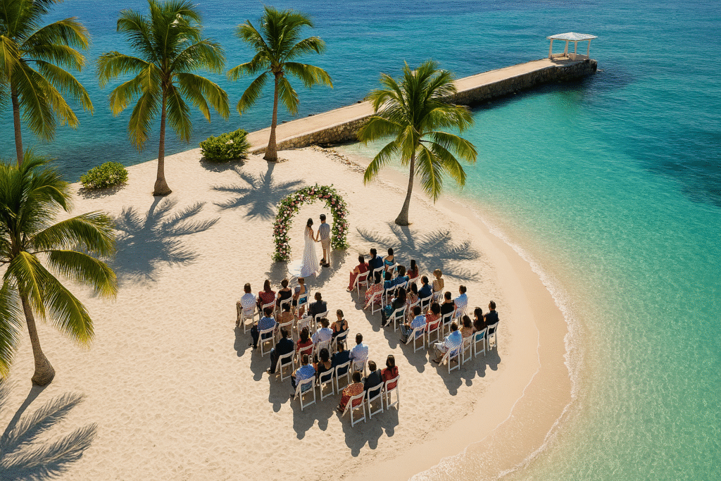 Couples Tower Isle, a top wedding venue in Jamaica, with a private island ceremony surrounded by turquoise waters.