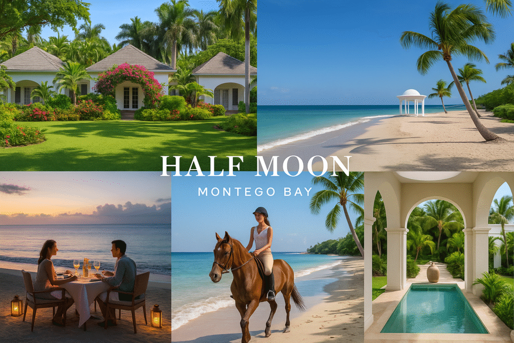 Collage of Half Moon resort in Montego Bay — private villas surrounded by lush tropical gardens, elegant beachfront, romantic candlelit dinners, horseback riding on the sand, and award-winning spa.