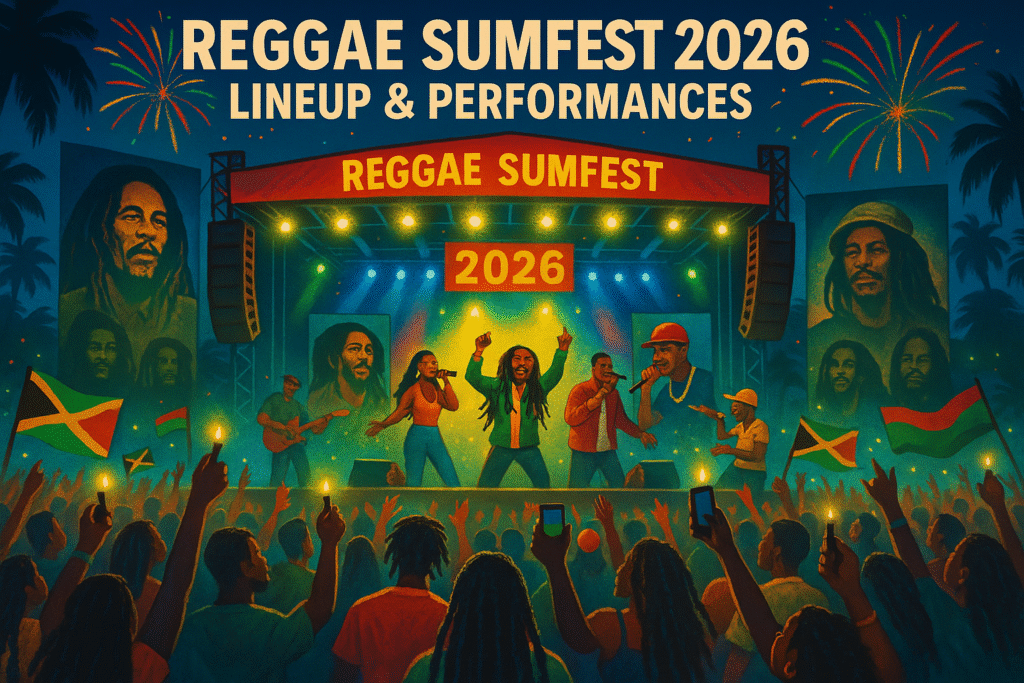 Reggae Sumfest 2026 lineup featuring international stars, Jamaican dancehall legends, reggae tributes, and vibrant festival crowd