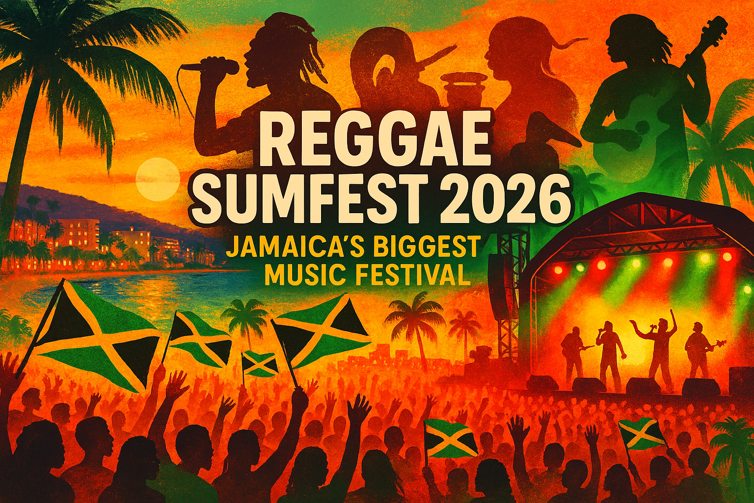 Crowds enjoying live music and performances at Reggae Sumfest 2026 in Montego Bay, Jamaica