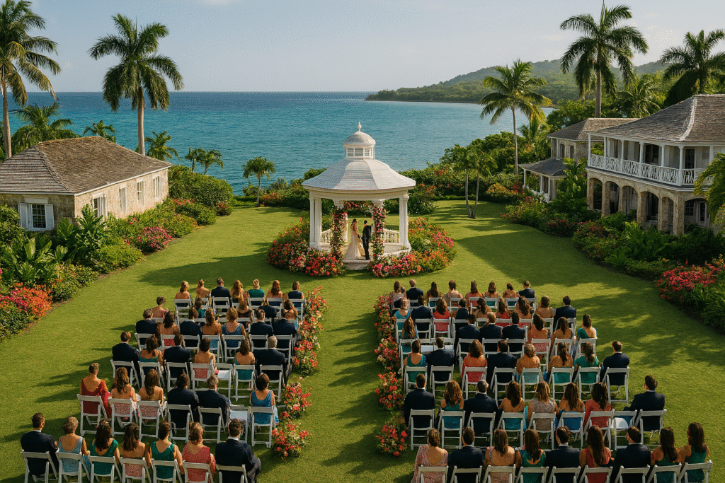 Round Hill Hotel & Villas, one of the best wedding venues in Jamaica, with a lush garden ceremony overlooking the sea.