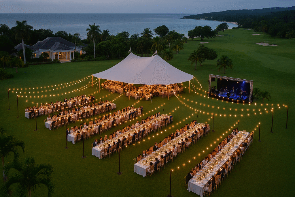 Tryall Club, one of the best wedding venues in Jamaica, with a grand outdoor wedding reception and ocean views.