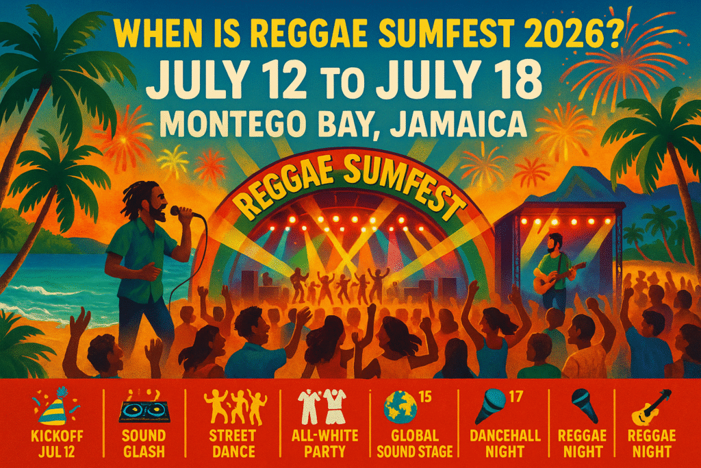 Reggae Sumfest 2026 – Official dates July 12 to July 18 in Montego Bay, Jamaica with 7 days of parties, concerts, and cultural events
