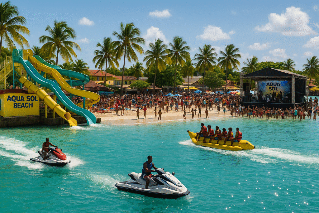 Aqua Sol Theme Park Beach in Montego Bay with water sports, crowds, and sunny tropical setting.