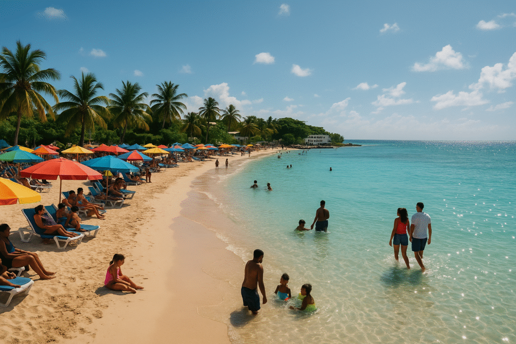 Cornwall Beach Montego Bay with clear blue water, families, colorful umbrellas, and sunny skies.