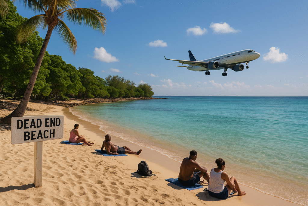 Dead End Beach in Montego Bay Jamaica with clear waters, locals relaxing, and an airplane in the sky.