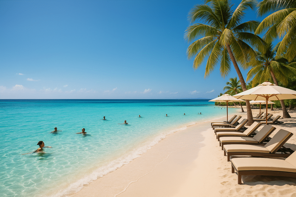 Bright sunny view of Doctor’s Cave Beach in Montego Bay Jamaica with turquoise water, palm trees, and white sand.