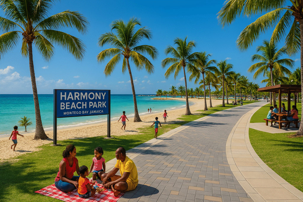 Harmony Beach Park in Montego Bay Jamaica with palm trees, sandy beach, and families enjoying the sun.