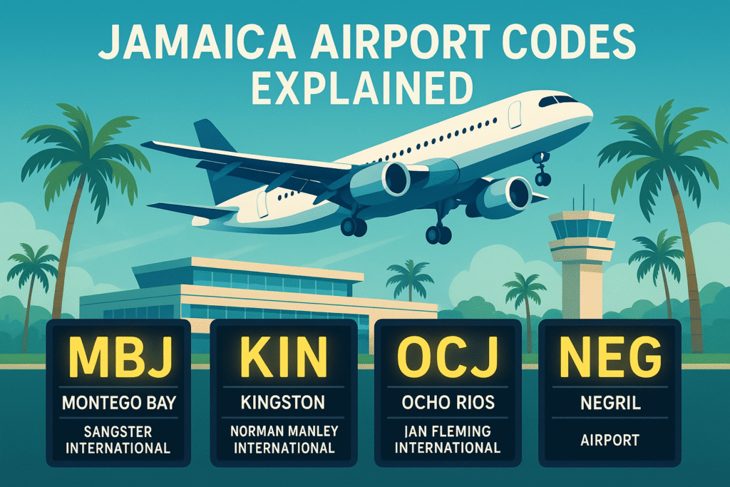 Airplane at a tropical airport with departure boards showing Jamaica airport codes MBJ, KIN, OCJ, and NEG.