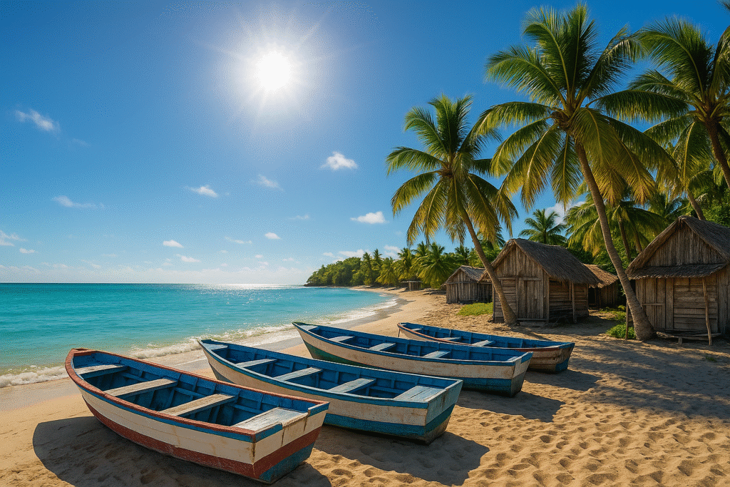 One Man Beach in Montego Bay Jamaica with fishing boats, palm trees, and clear turquoise water.