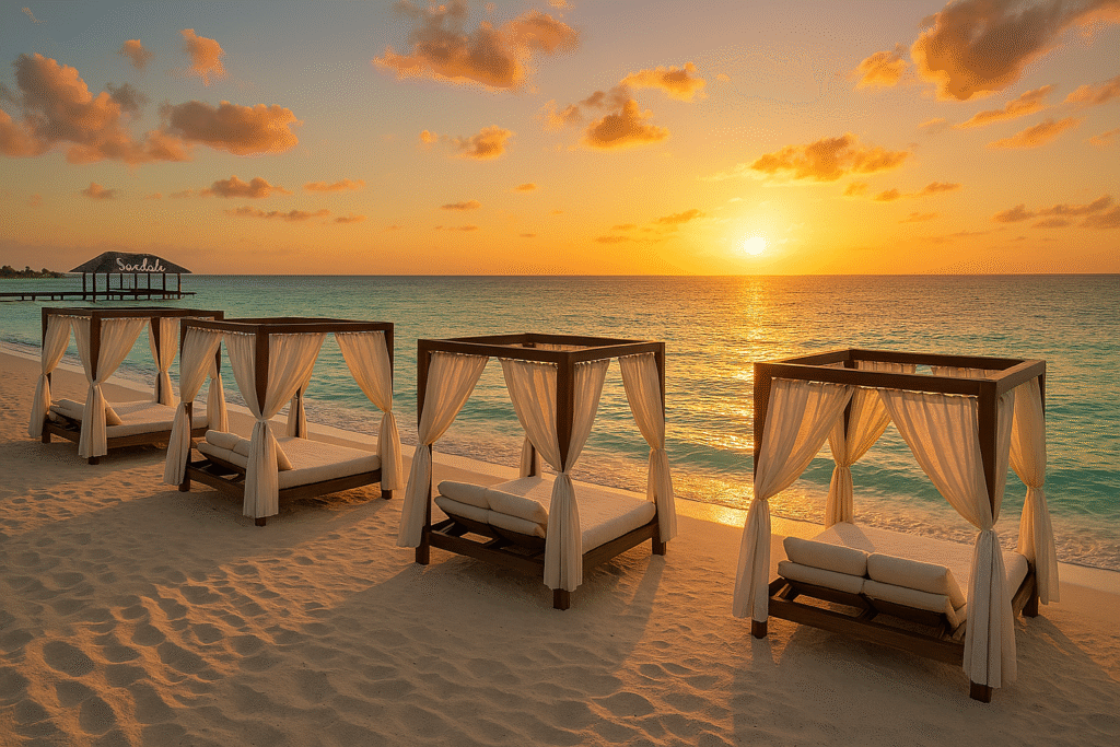 Sandals Montego Bay private beach with white sand, cabanas, and a glowing Caribbean sunset.