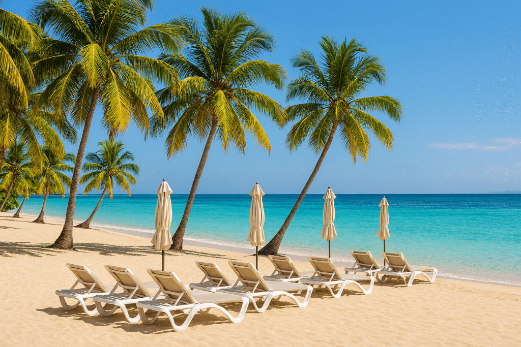 SeaGarden Montego Bay Beach with palm trees, turquoise water, and a peaceful sandy shoreline.