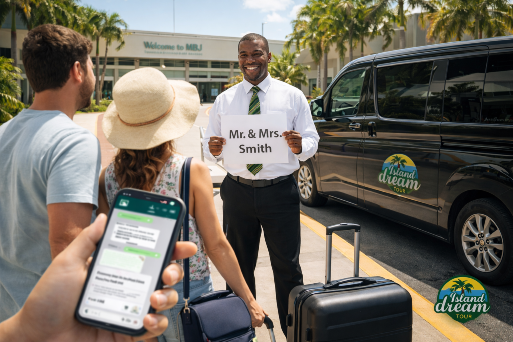 Guests arriving at a private villa in Jamaica after an airport transfer