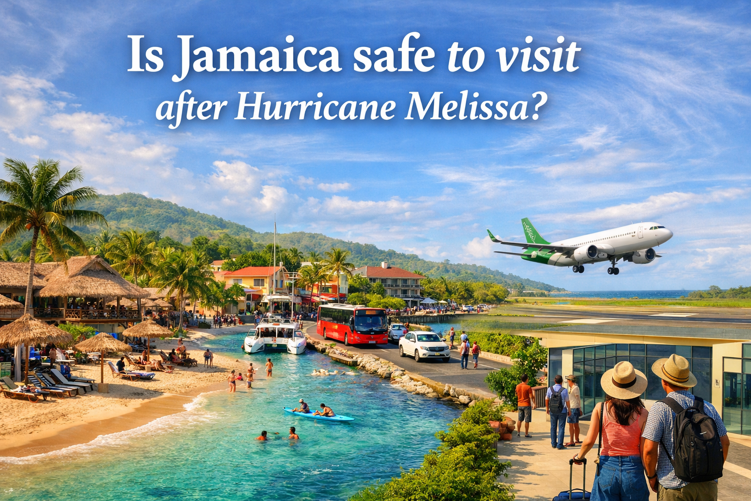 A realistic view of Jamaica post Hurricane Melissa showing beaches, resorts, and airports fully operational with tourists and transportation services active, representing recovery and safe travel.