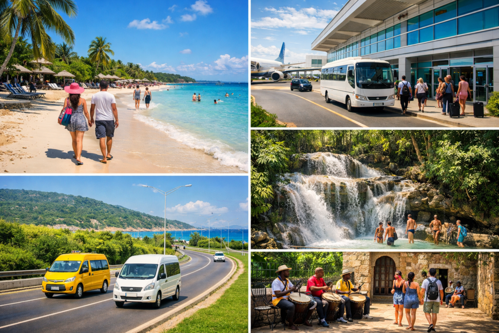 Tourists enjoying fully restored beaches and resorts in Jamaica after Hurricane Melissa, with safe roads and operational airports in the background.