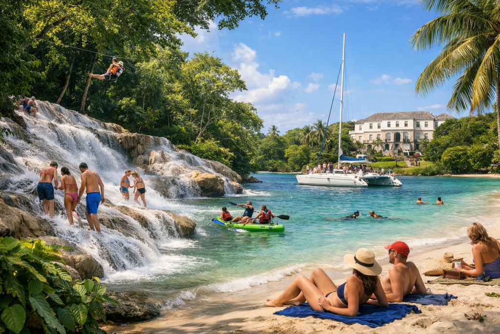Tourists enjoying Jamaica’s top attractions including Dunn’s River Falls, Seven Mile Beach, Martha Brae River, cultural sites, and adventure activities