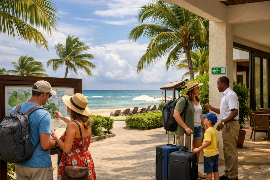 Tourists in Jamaica checking resort information and preparing during hurricane season, with calm tropical surroundings
