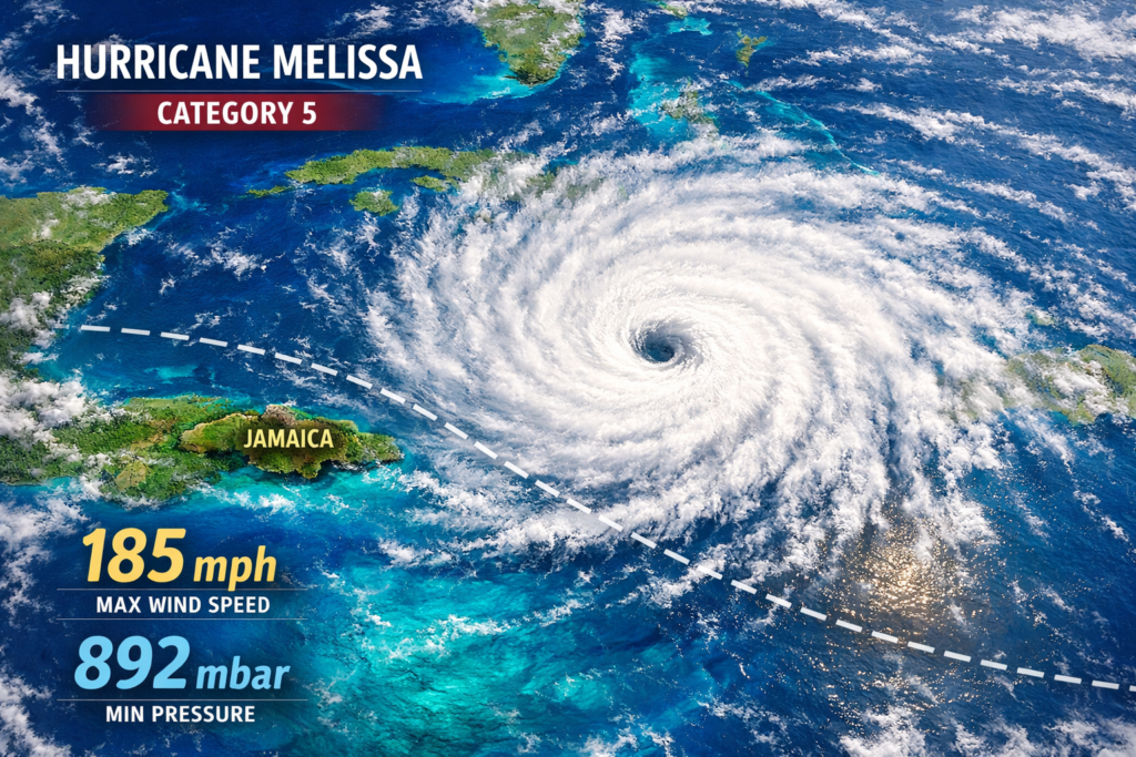Aerial view of Hurricane Melissa at peak Category 5 intensity over the Caribbean Sea near Jamaica, showing a powerful eye and massive storm system