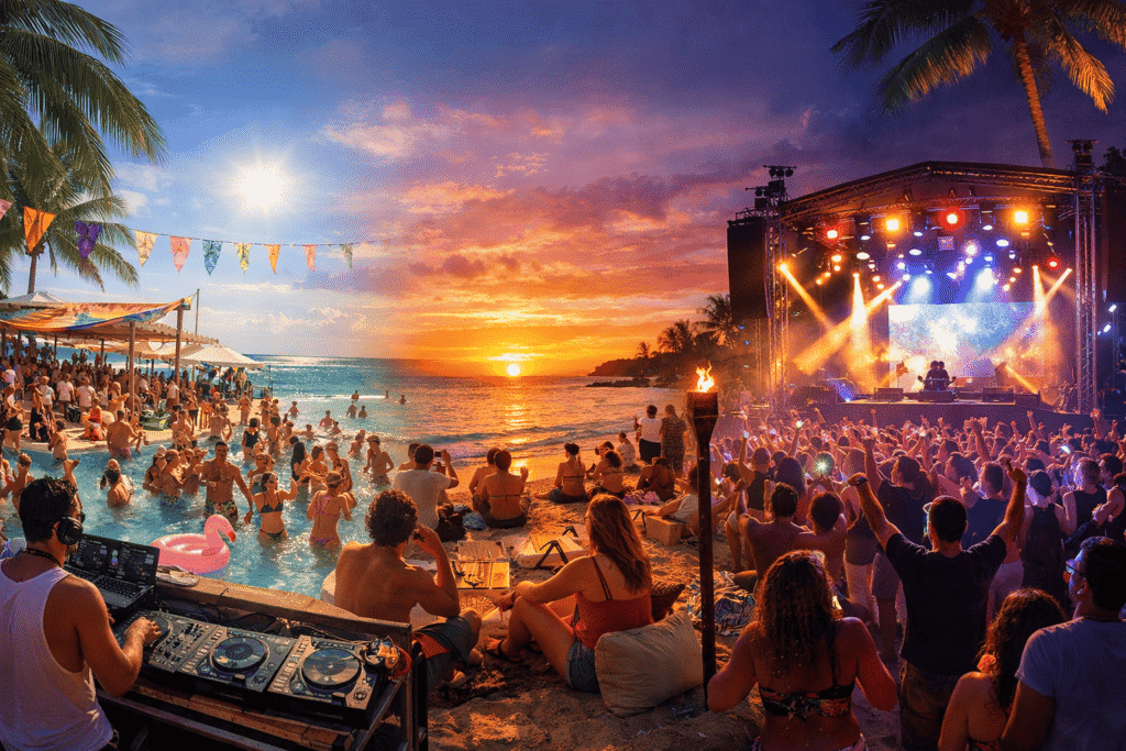 Beach and pool party in Montego Bay during Dream Weekend Jamaica 2026, showing daytime activities, sunset party, and nighttime festival events with DJs and tropical decorations