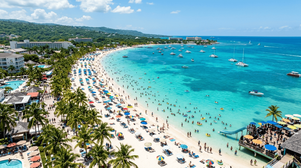 A vibrant beach scene in Montego Bay, Jamaica with turquoise water, white sand, palm trees, and beachfront resorts, reflecting a lively spring break atmosphere.