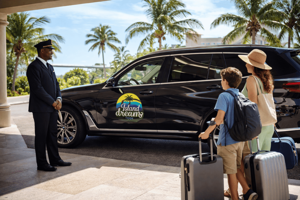 Montego Bay Spring Break luxury car with Island Dream Tour logo ready for airport transfe