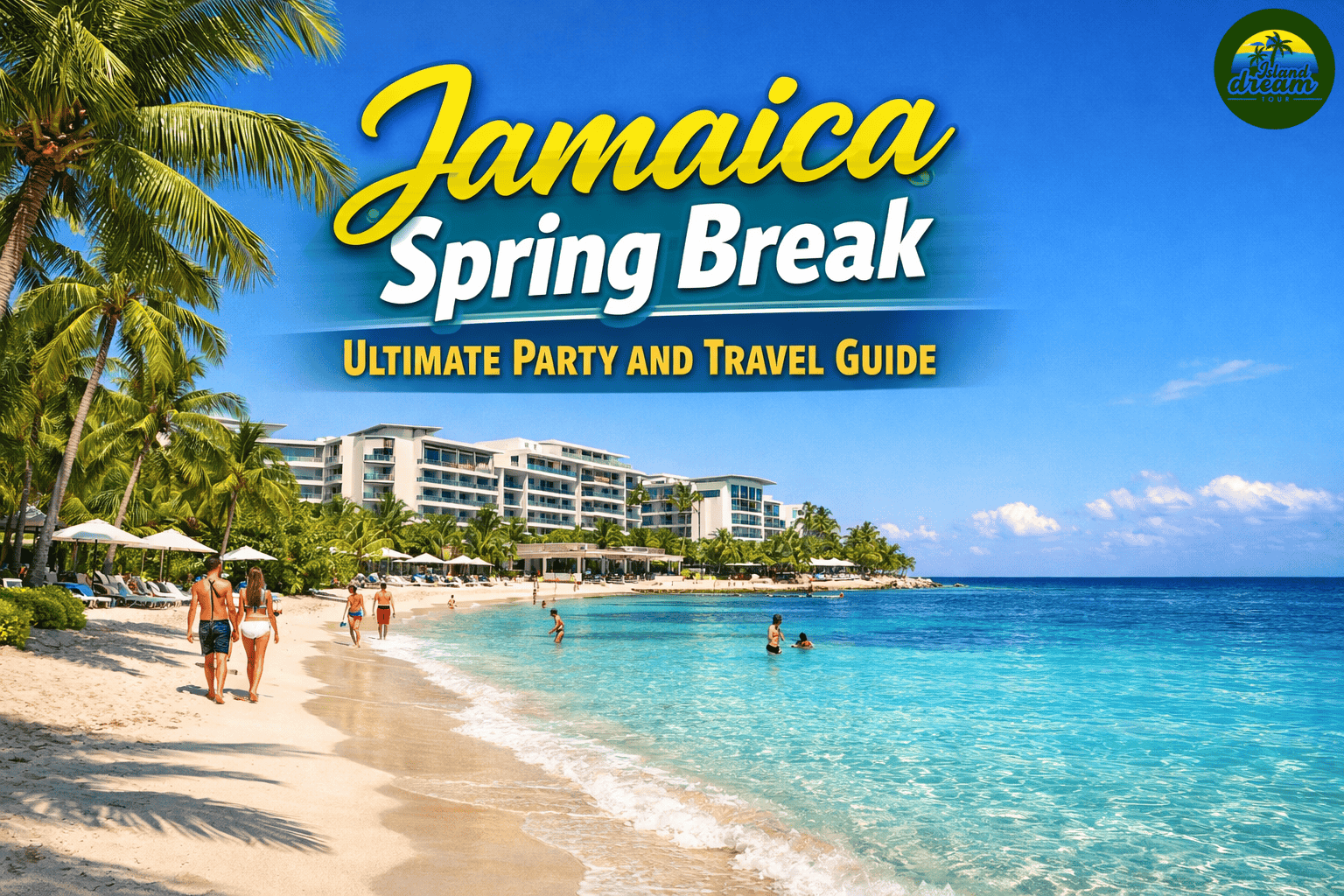 A vibrant tropical beach in Montego Bay, Jamaica with turquoise water, white sand, palm trees, a luxury beachfront resort, and subtle travelers, showcasing the energy of Jamaica Spring Break.