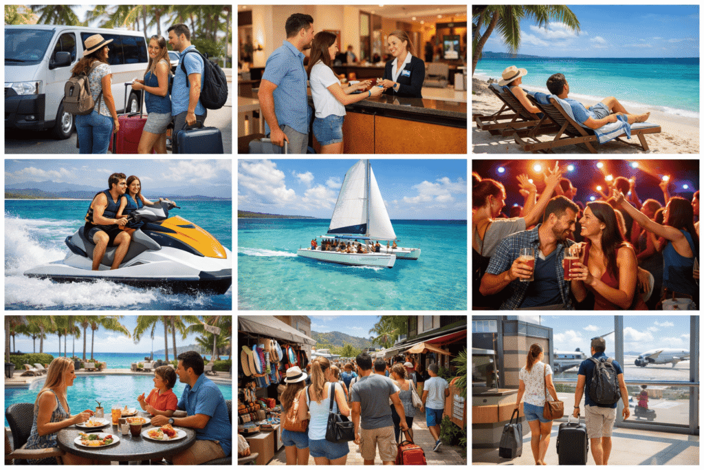 Montego Bay Spring Break collage showing 3-day itinerary with beach, water sports, nightlife, and travel scenes